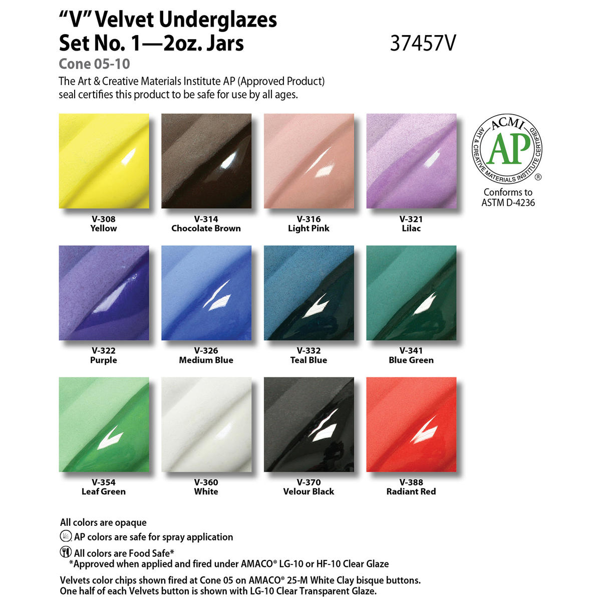 Amaco Velvet Underglaze Set 2, Assorted Colors, Set of 12